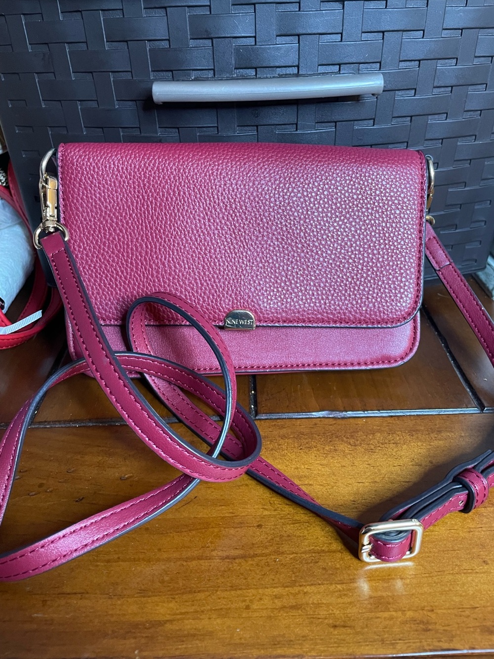 Nine West Raspberry Pebbled Leather Crossbody Bag with Gold Hardware